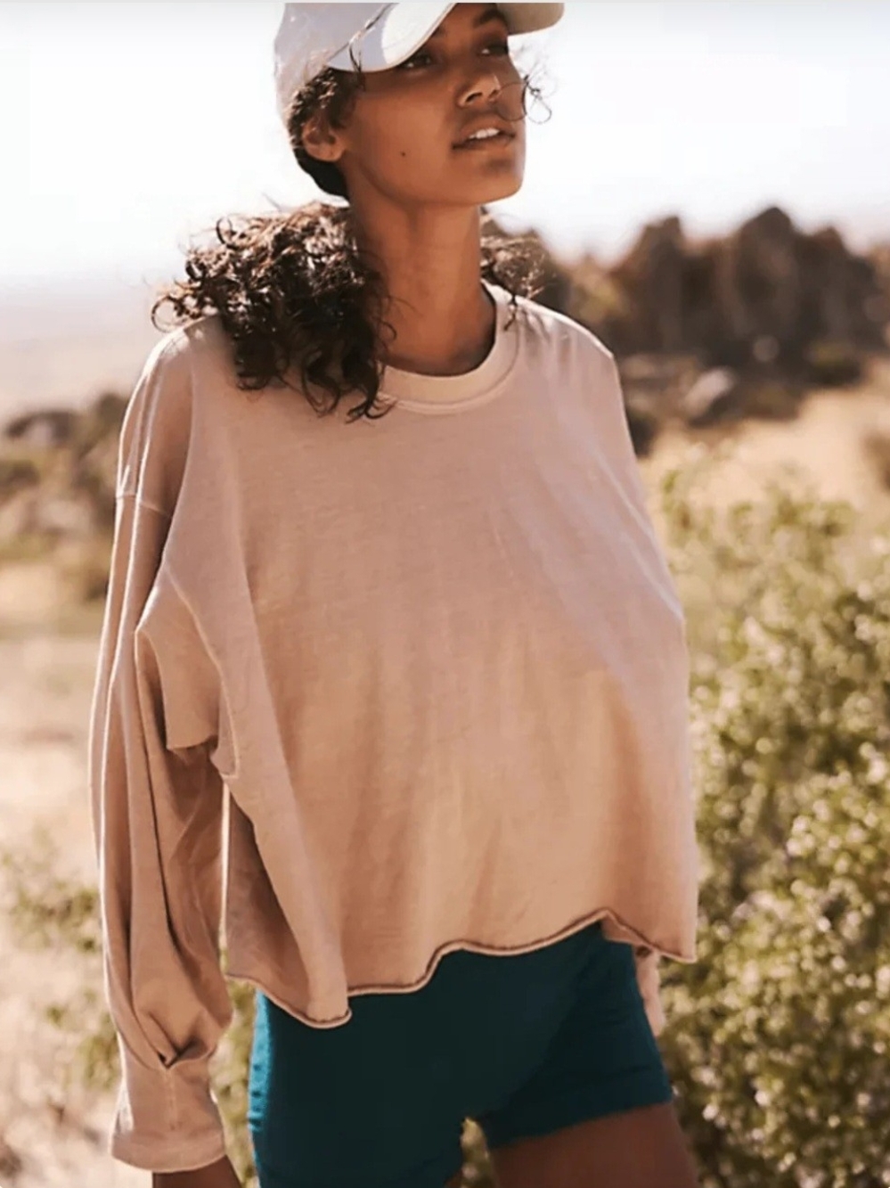 Free People Beige Cropped Boxy Sweatshirt